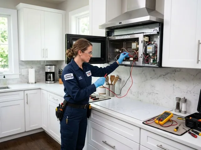 Appliance Repair Hero technician testing an over-the-range microwave in a Akron, OH kitchen